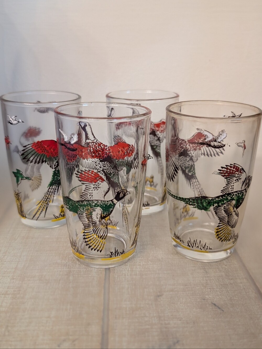 Beautiful! Vintage Lot Of Four MCM Highball Glasses In Game Bird Design